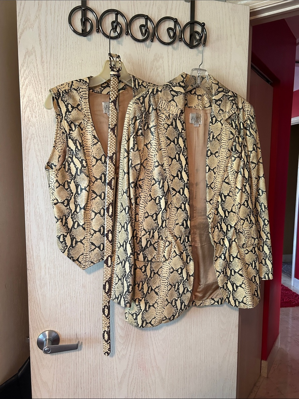 Vakko Beige and Black Snake-Print Blazer with Matching Vest